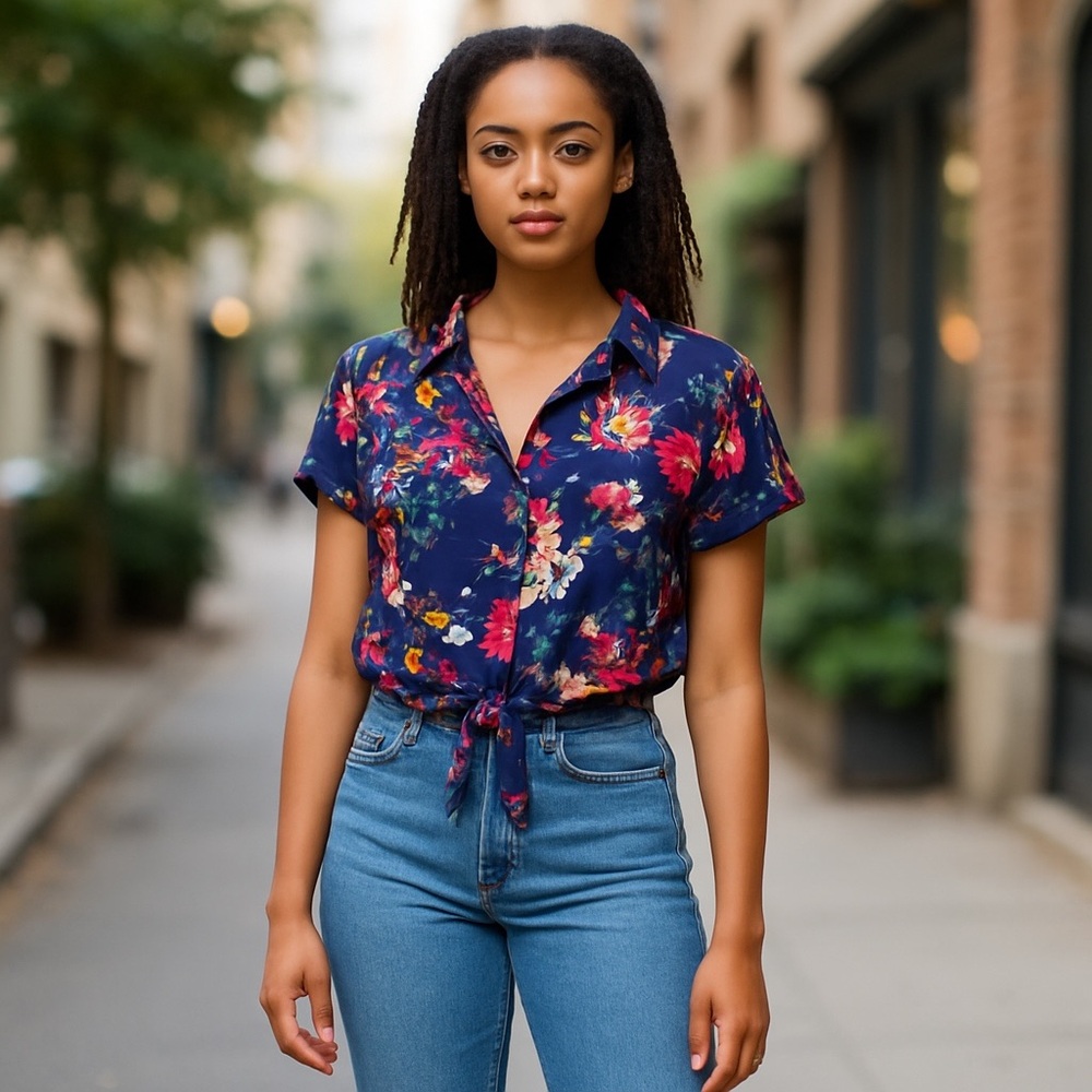 Anthropologie Navy Floral Button Down Shirt